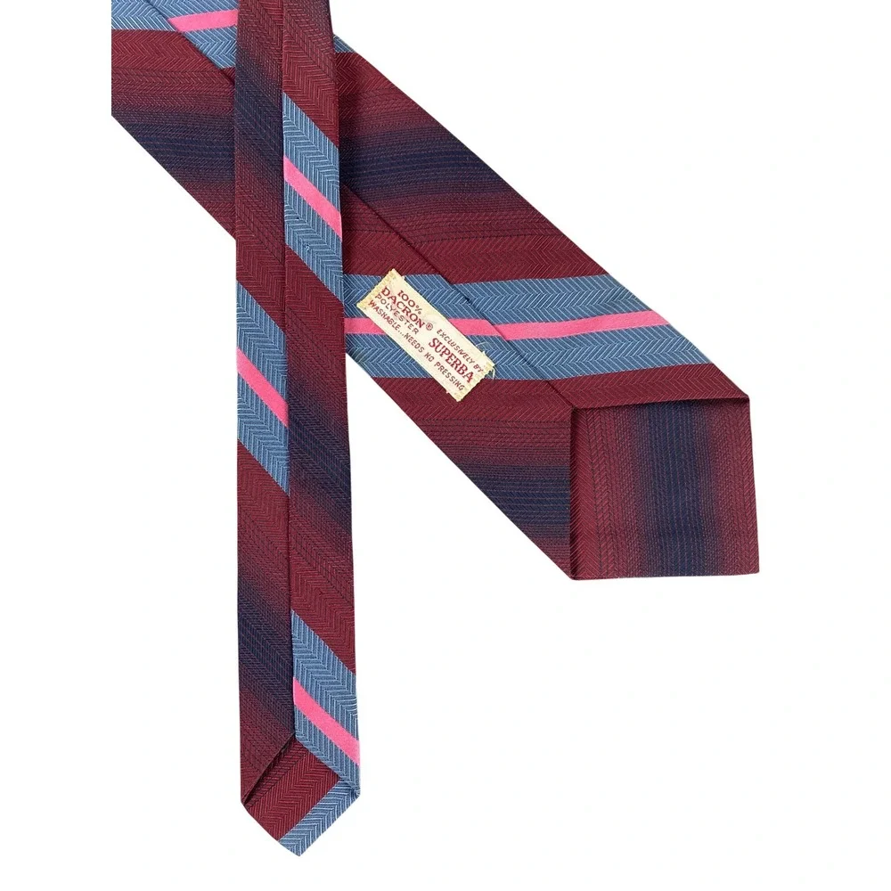 VTG Superba Dacron Tie Red Blue Pink Stripe Shadow Ombre Herringbone 52.5x3.25